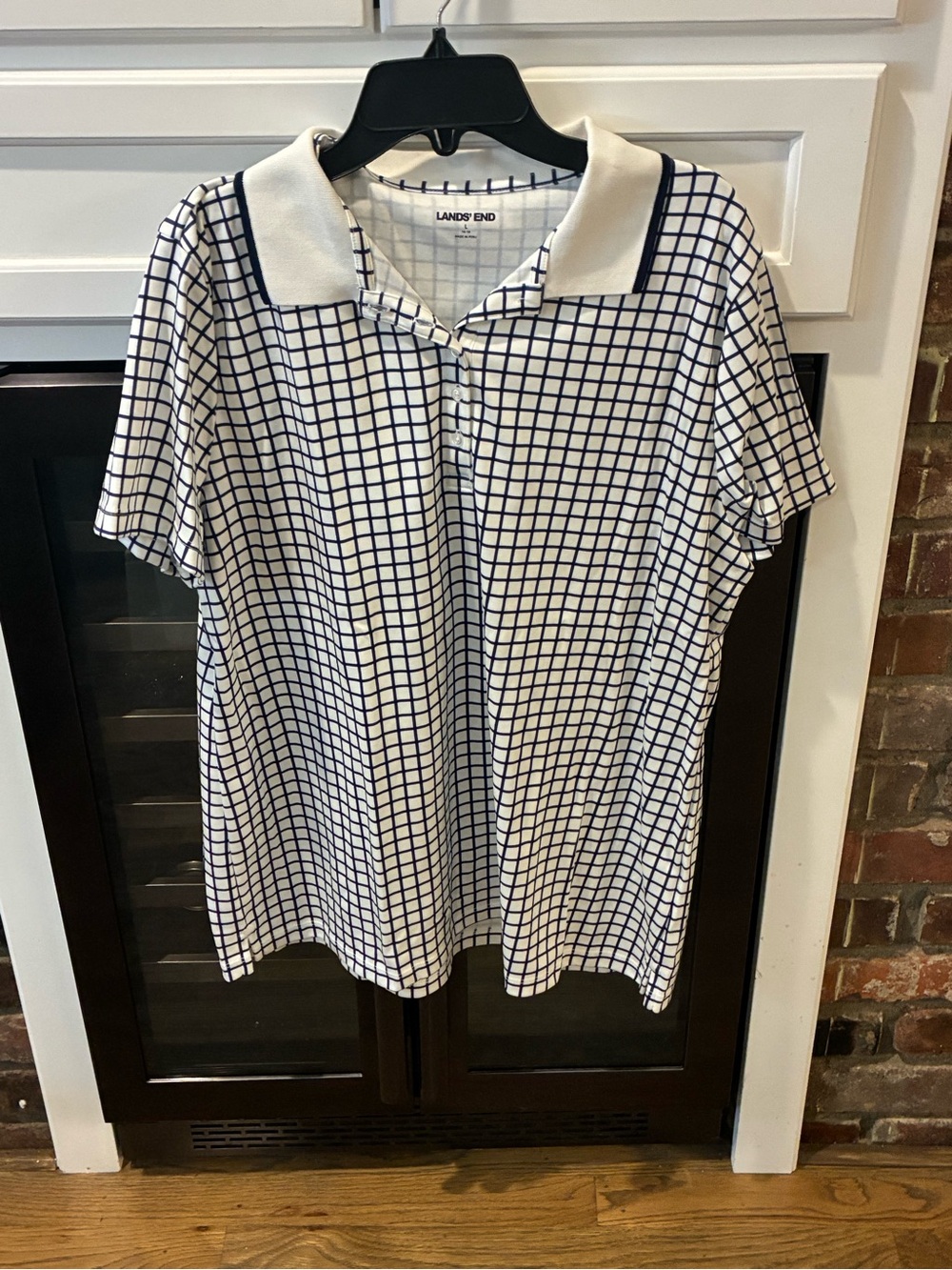 Lands' End Navy Grid Polo Shirt on White